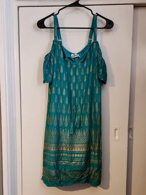 Teal Cold-Shoulder Printed Sundress with Gold Accents